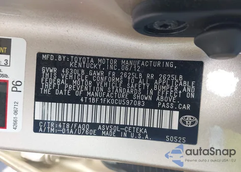 2012 Toyota Camry L z USA, uszkodzony, nr VIN 4T1BF1FK0CU597083